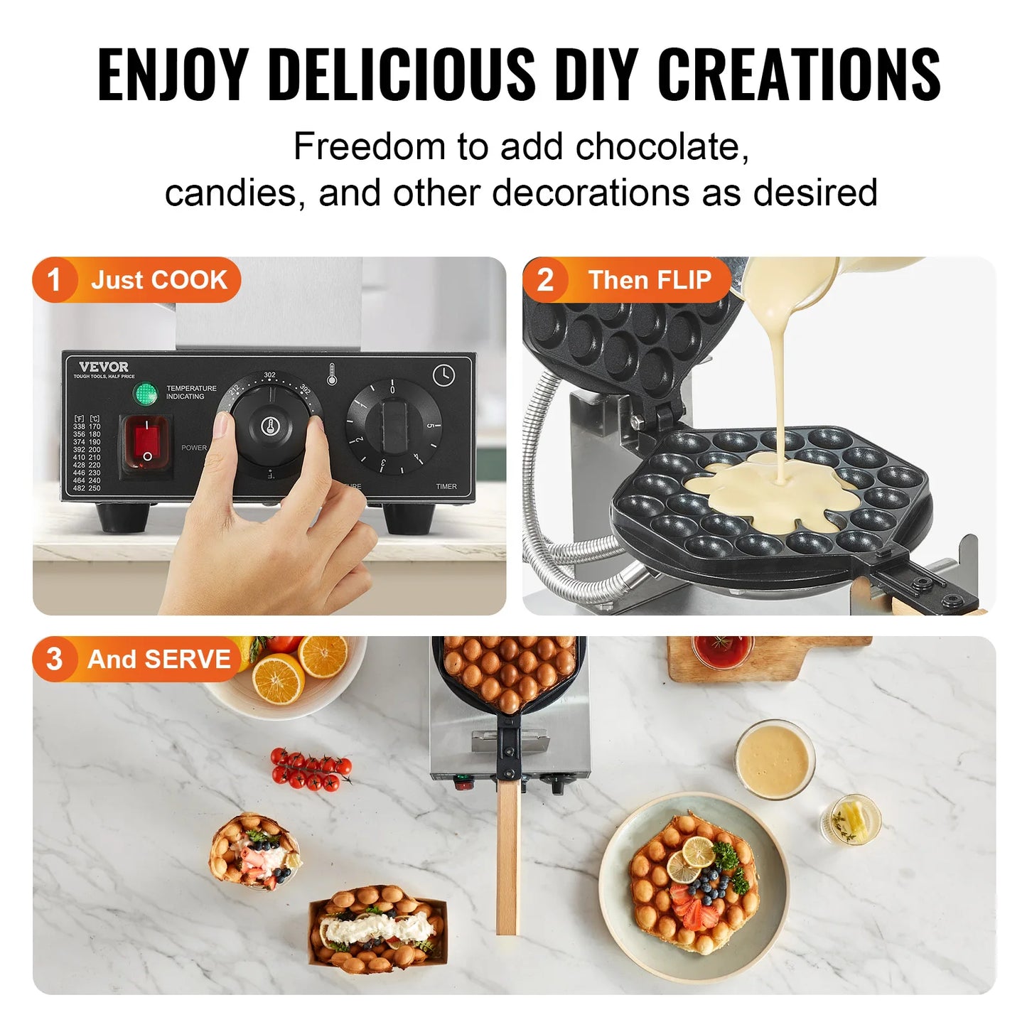 SucceBuy Stainless Steel Bubble Waffle Maker 1400W With Rotating Pans
