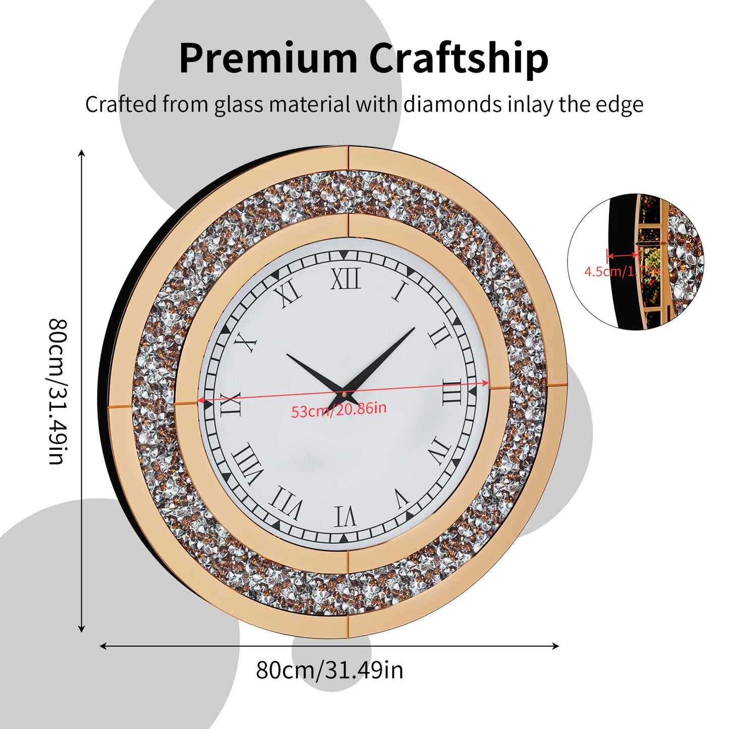 Round Mirror Clock With Crystal Sparkle For Wall Decor