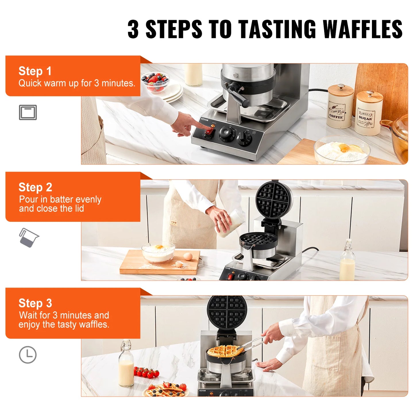 VEVOR Electric Waffle Maker Stainless Steel Nonstick