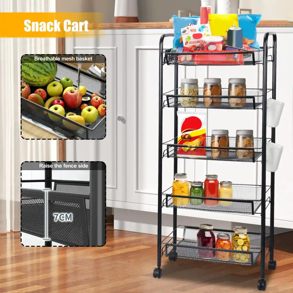 Fruit And Vegetable Storage Basket 5 Tier Stackable Metal Mesh On Wheels