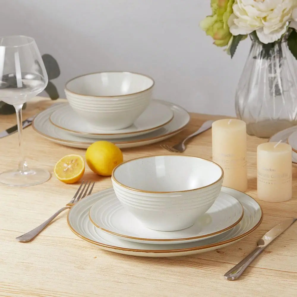 Stoneware Dinnerware Set for Four With Lucky and Joyous Pattern