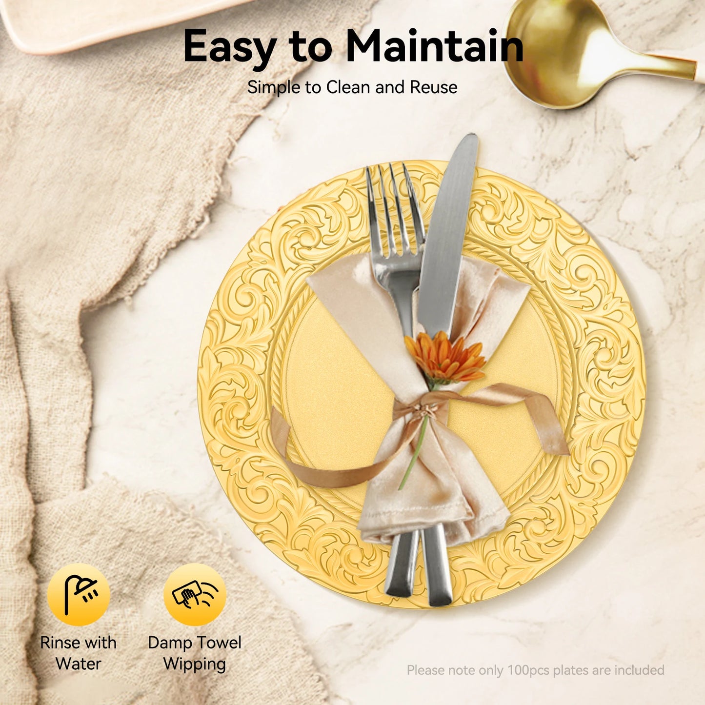 Gold Charger Plates Set 100 Pack Embossed Round Disposable Trays