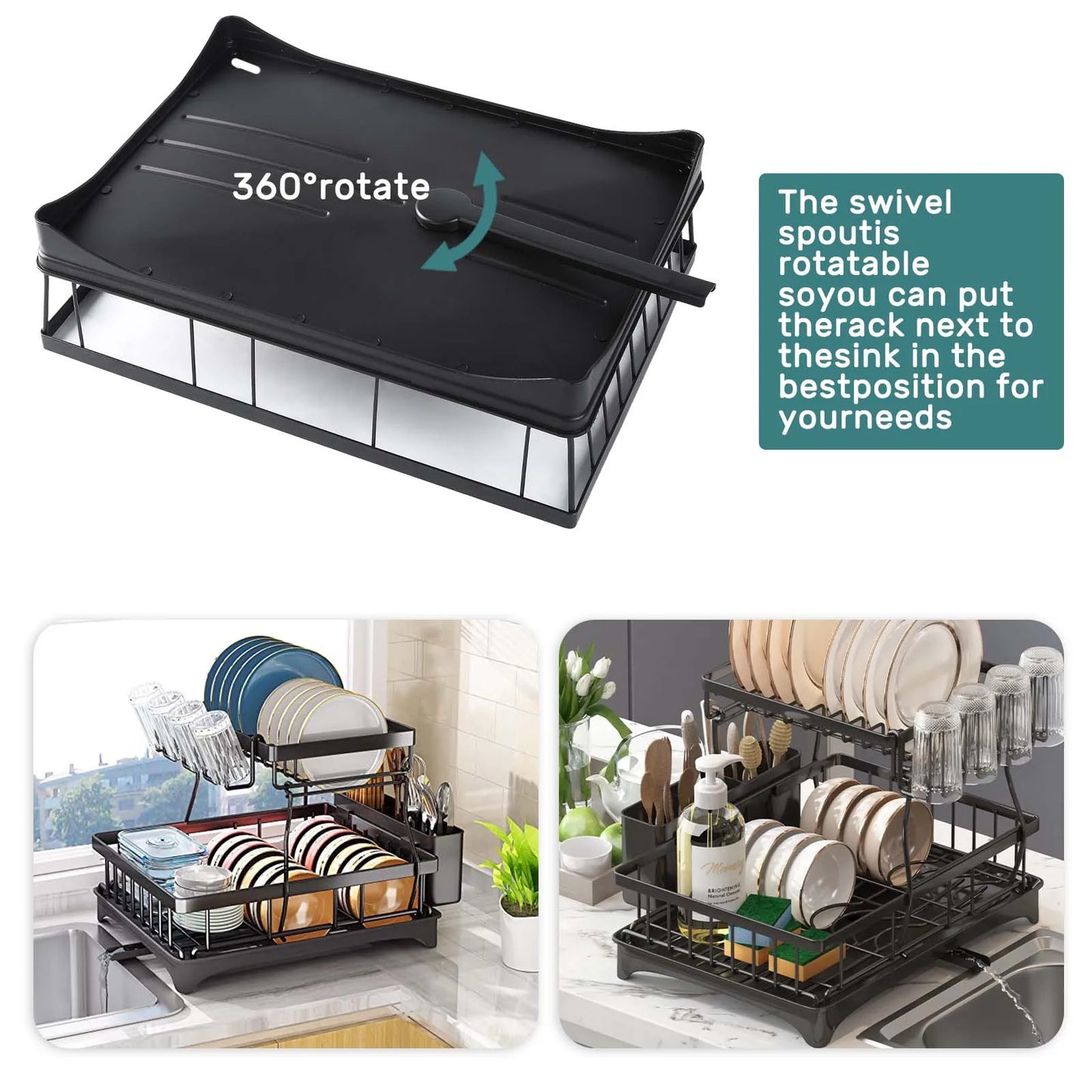 Two-Tier Dish Rack For Kitchen Countertop With Removable Draining Tray