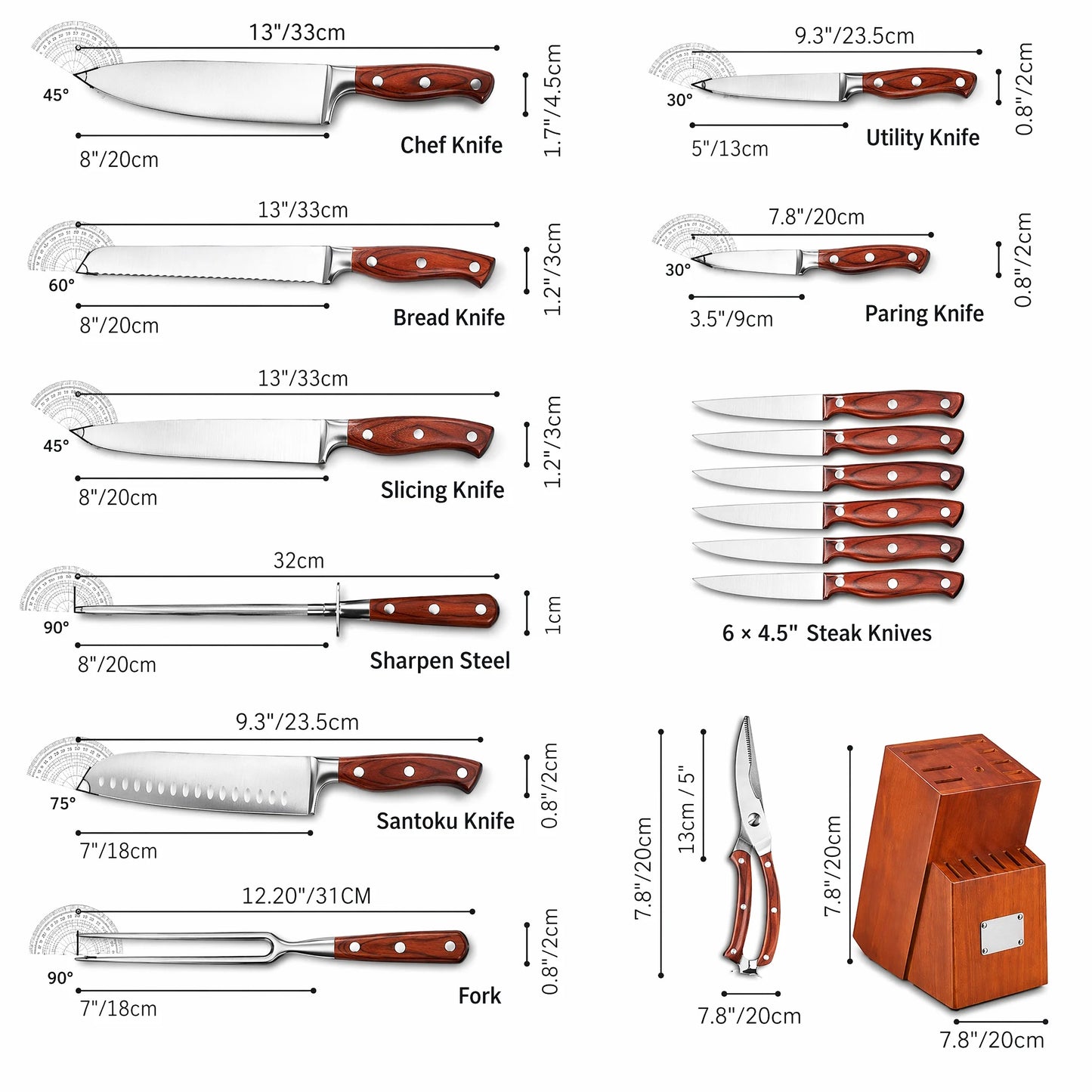 16-Piece Kitchen Knife Set With Sharpener And Wooden Block