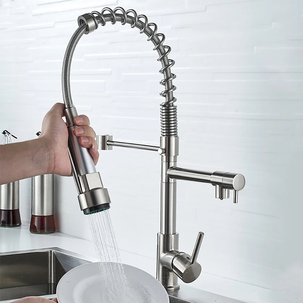 DQOK Brushed Spring Pull Down Kitchen Sink Faucet Dual Spout