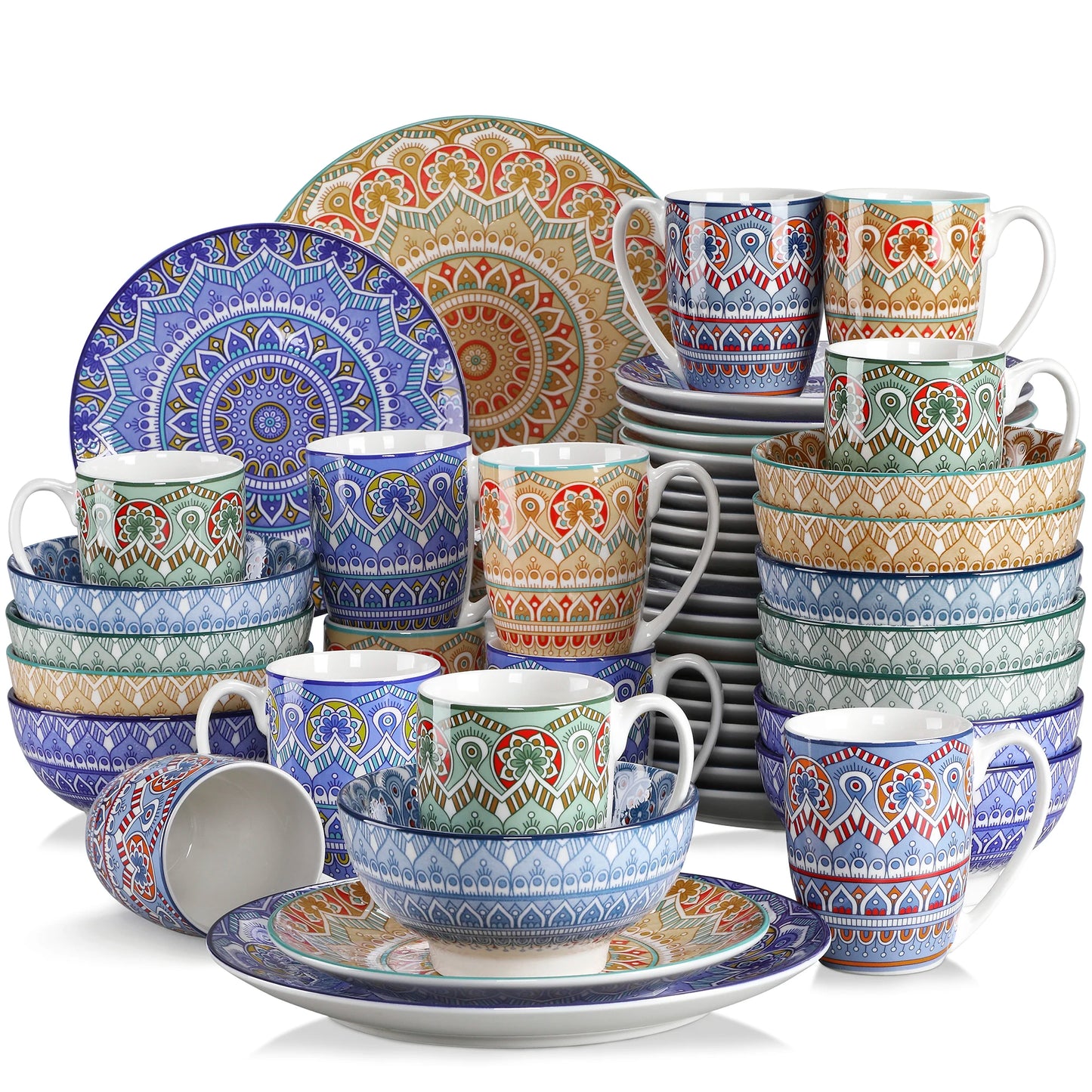 MALACASA Bohemian Mandala Pattern Porcelain Dinnerware Set 16 32 48 Pieces