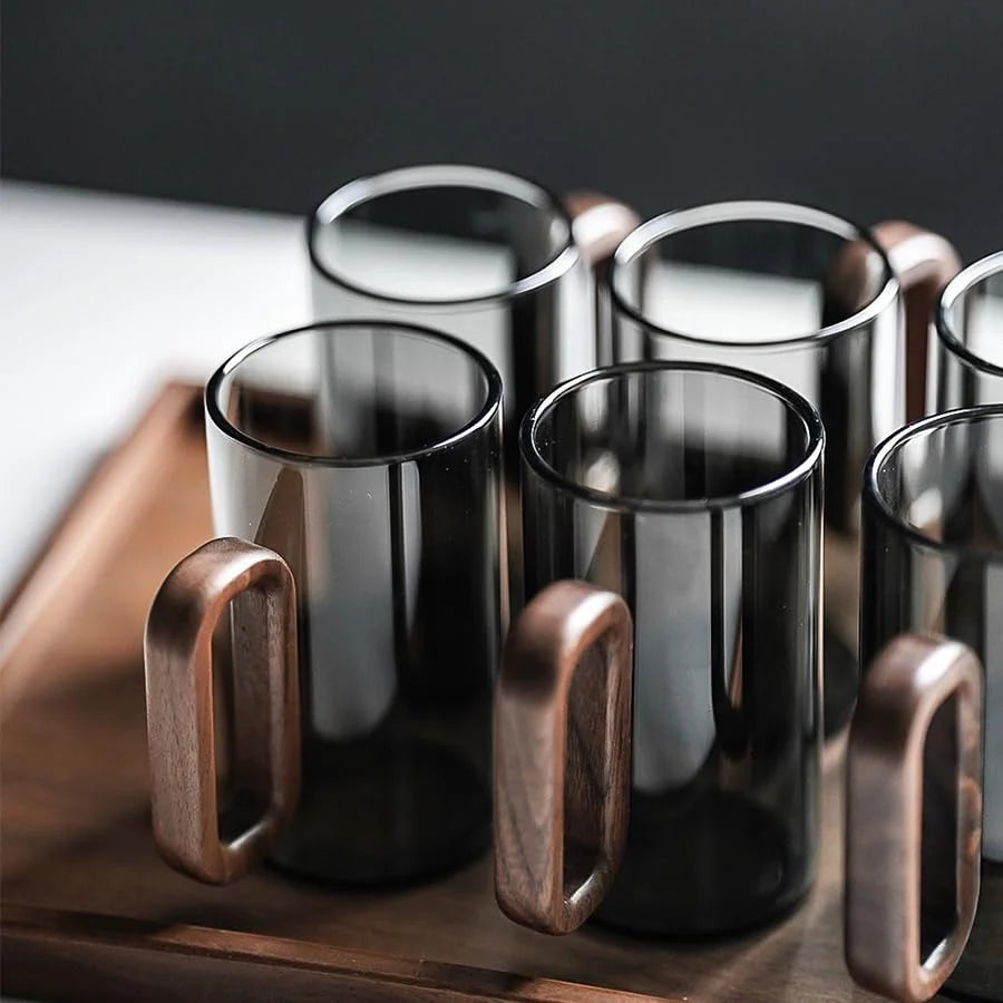 Borosilicate Glass Coffee Mug With Walnut Handle Dishwasher Safe
