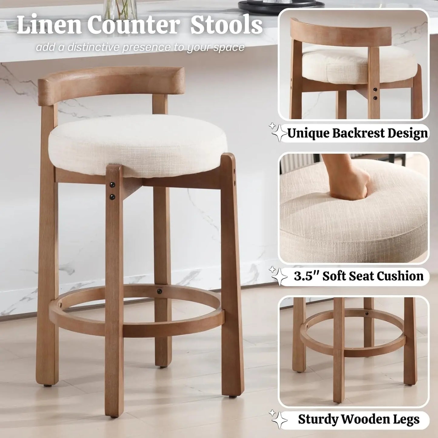 Bar Stools Set of 4 Linen Upholstered Wood Leg Stools