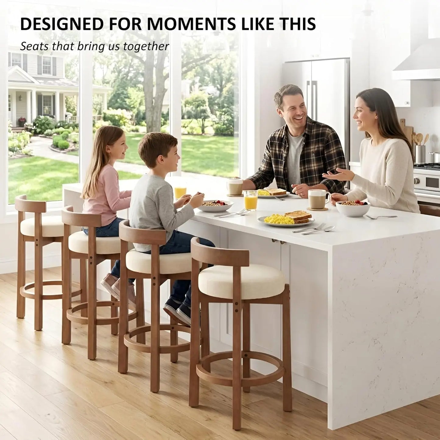 Bar Stools Set of 4 Linen Upholstered Wood Leg Stools