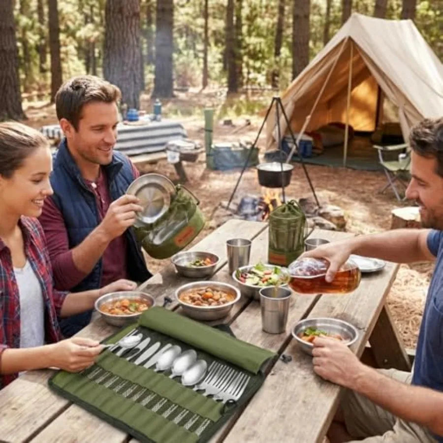 Complete Bamboo Camping Tableware Set With Cups And Bowls