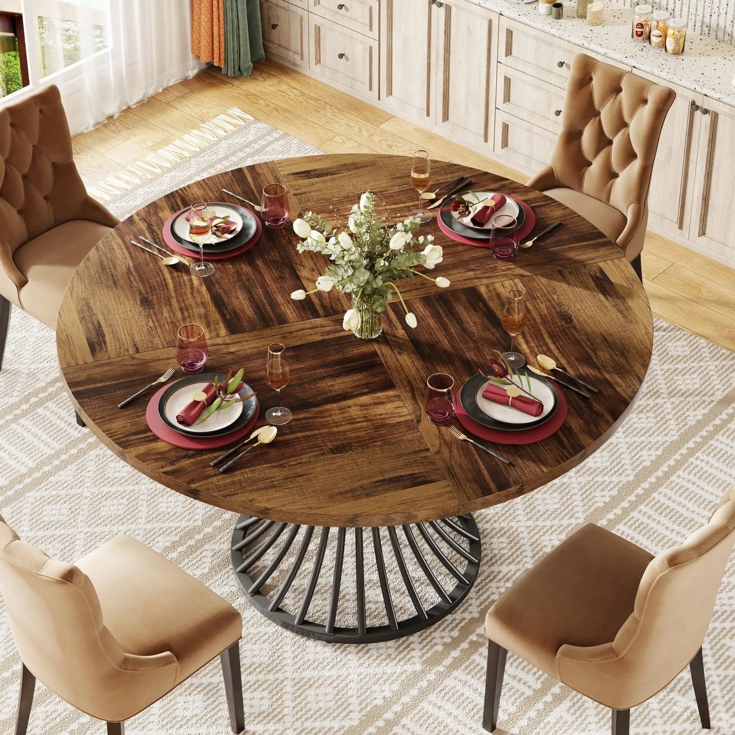 Tribesigns Round Dining Table, Farmhouse Industrial Kitchen Table