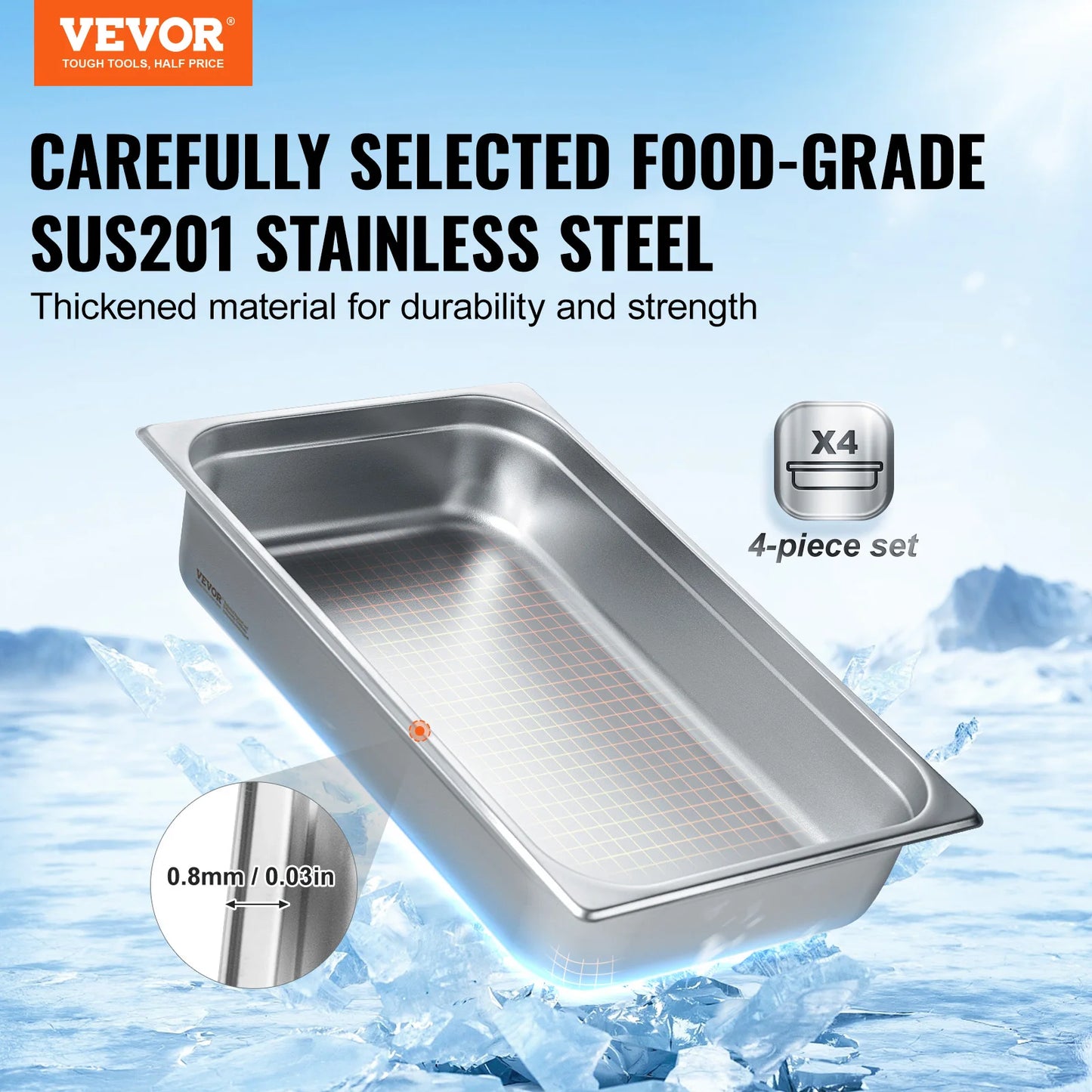 SucceBuy 4-Pack Hotel Pans Anti-Jam Steam Pan With Lid