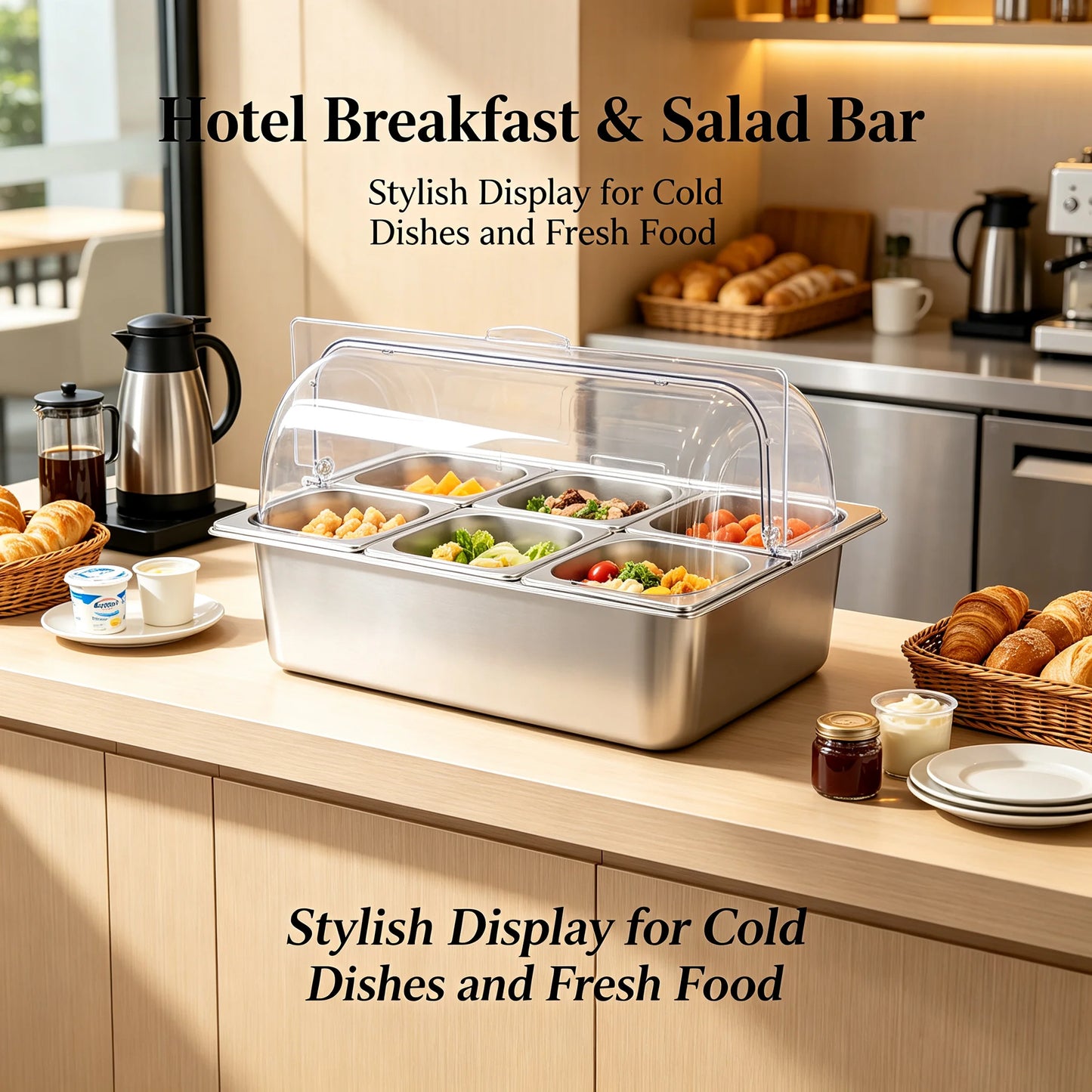 Ice Food Serving Display Tray With 6 Pans Stainless Steel