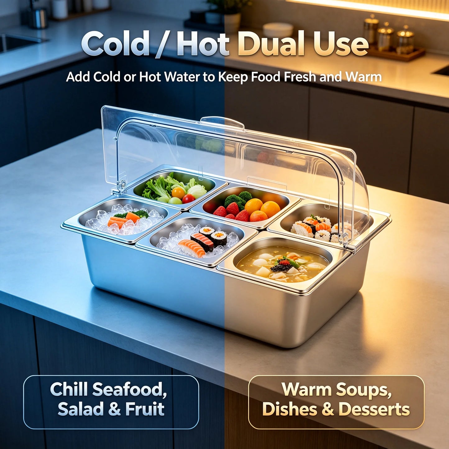 Ice Food Serving Display Tray With 6 Pans Stainless Steel