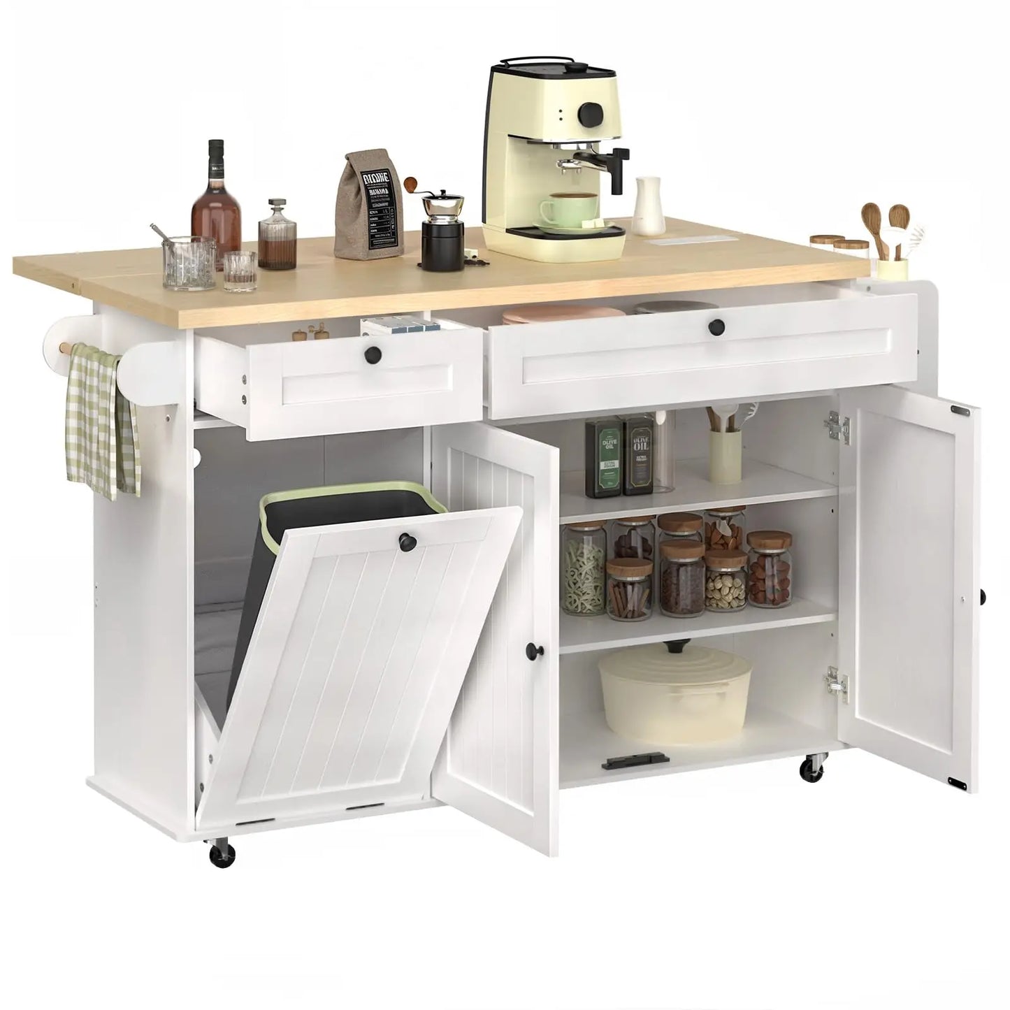 ONBRILL Mobile Kitchen Island With Power Outlet Spice Rack Storage
