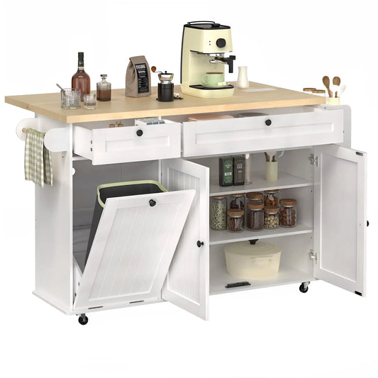 ONBRILL Mobile Kitchen Island With Power Outlet Spice Rack Storage