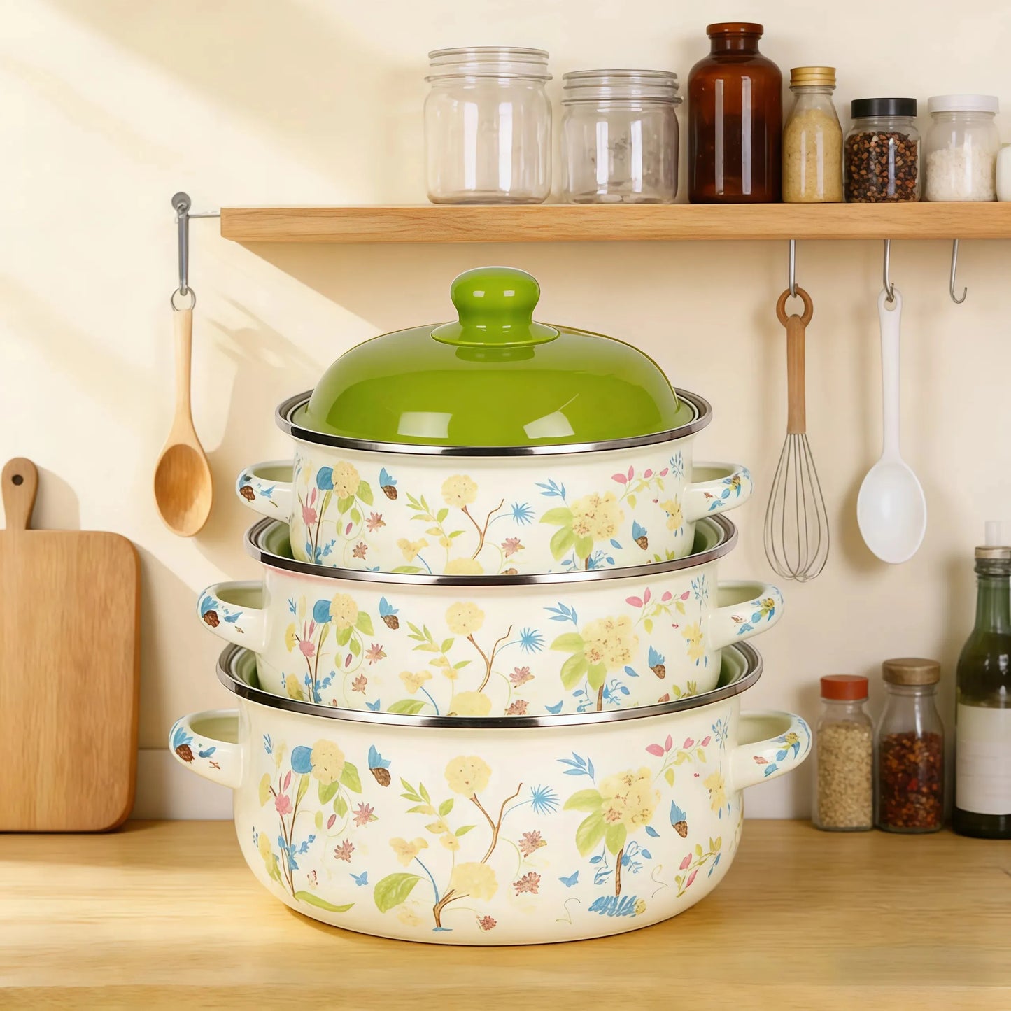 Vintage Enamel Stock Pot Set With Lids 3 Piece Cookware