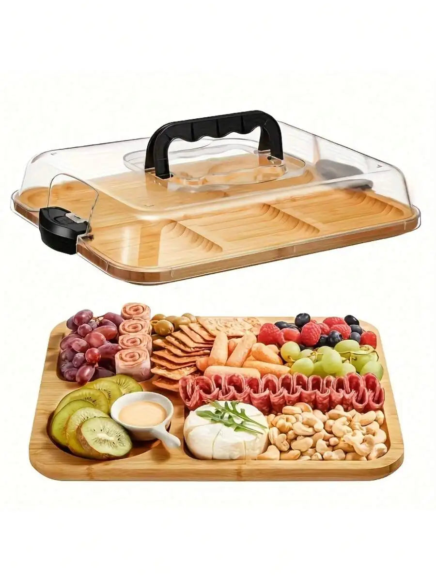 Bamboo Cheese Tray With Acrylic Lid Portable Serving Platter