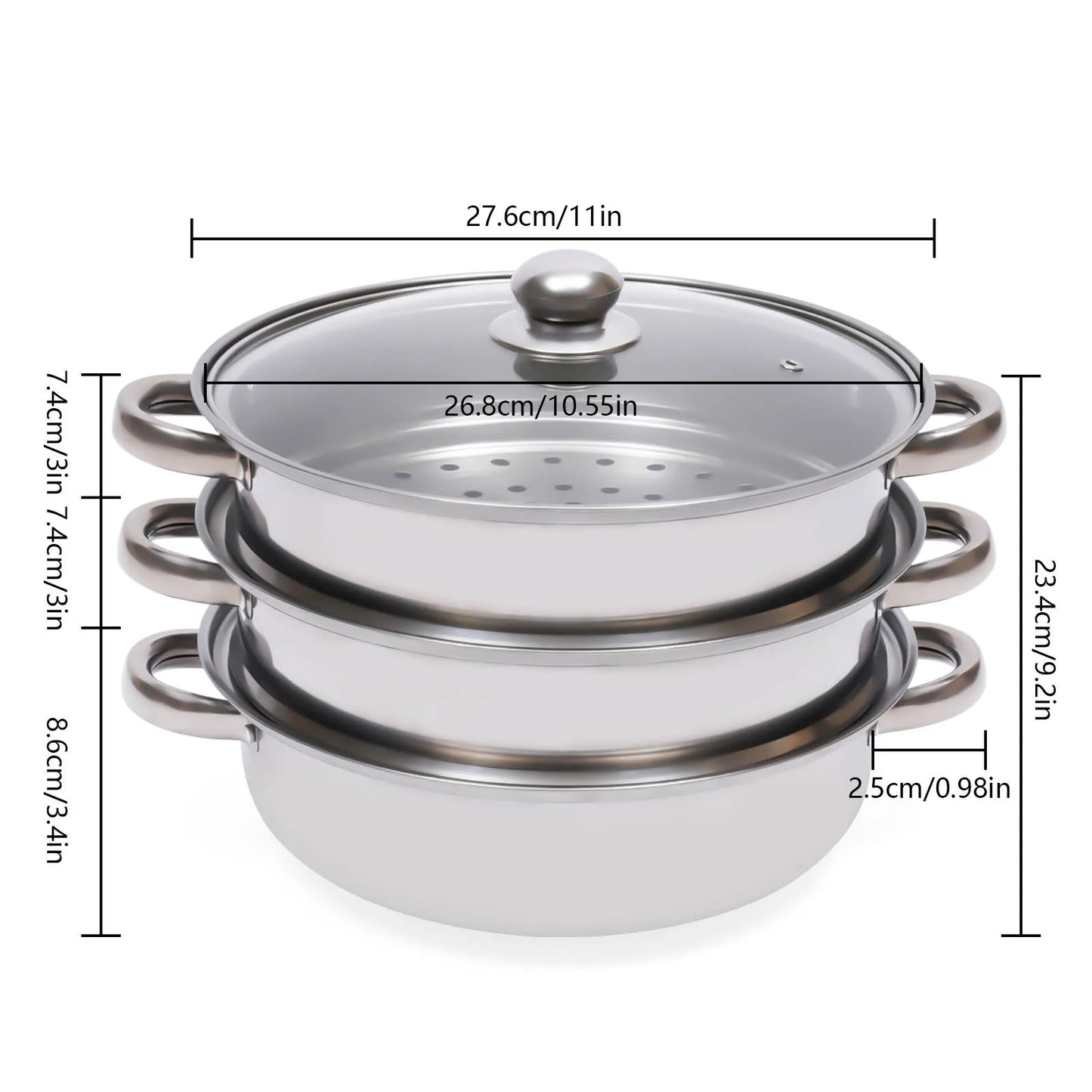 Stainless Steel 3-Tier Steamer Pot With Glass Lid Vegetables Seafood