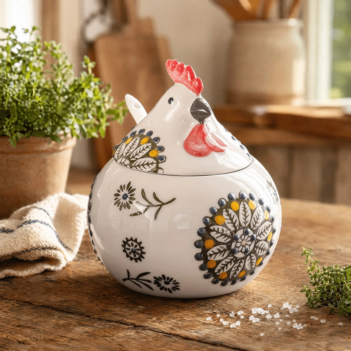 Ceramic Salt Cellar With Lid And Spoon, Floral Farmhouse Jar