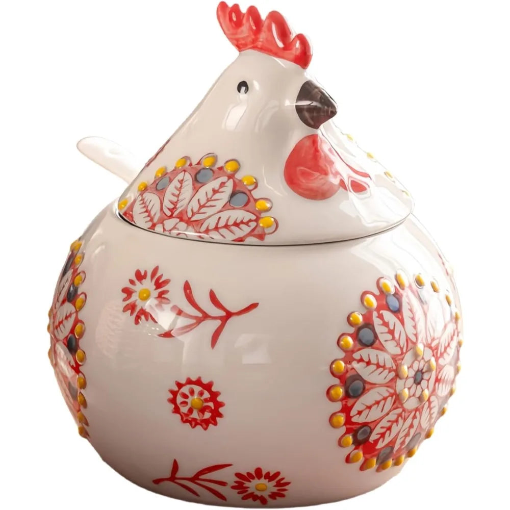 Ceramic Salt Cellar With Lid And Spoon, Floral Farmhouse Jar