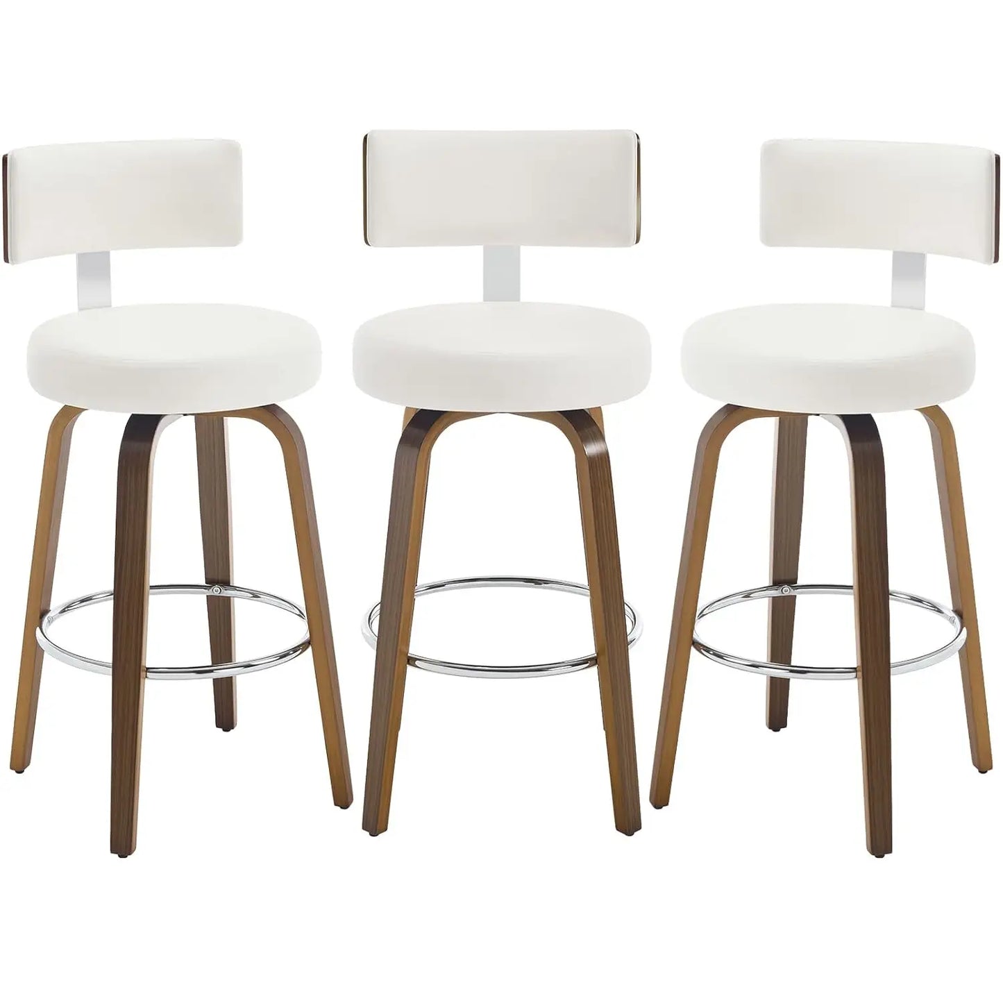 Swivel Counter Stool Set of 3 Faux Leather With Back Walnut Wood Legs