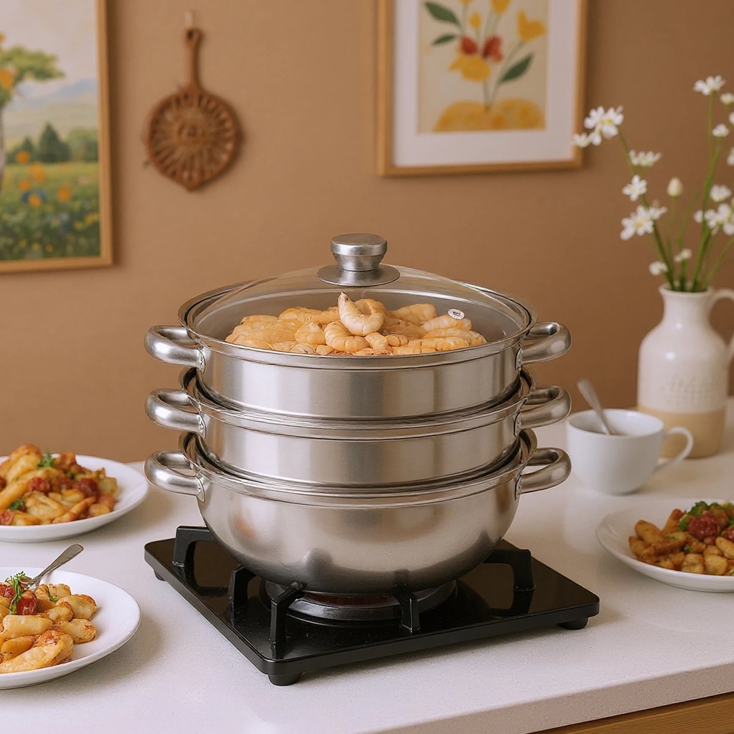 Stainless Steel 3-Tier Steamer Pot With Glass Lid Vegetables Seafood