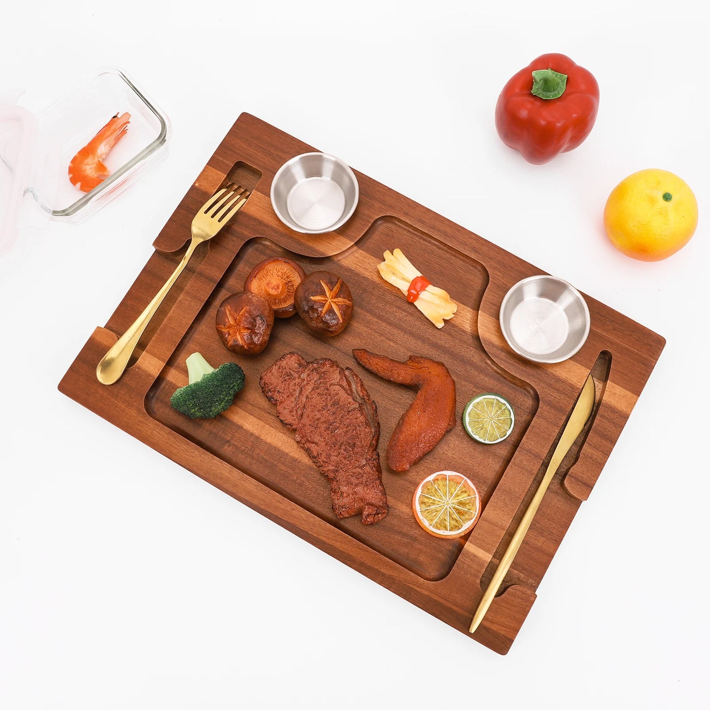 Shunmaii Acacia Wood Steak Serving Plate With Sauce Cups