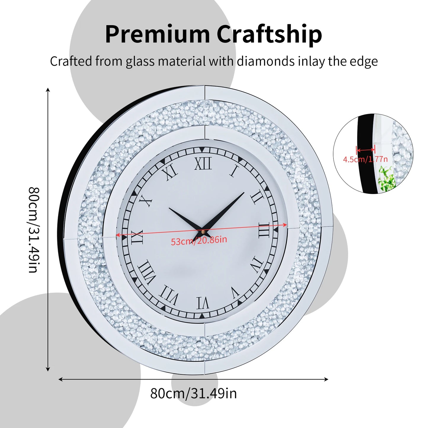 Round Mirror Clock With Crystal Sparkle For Wall Decor