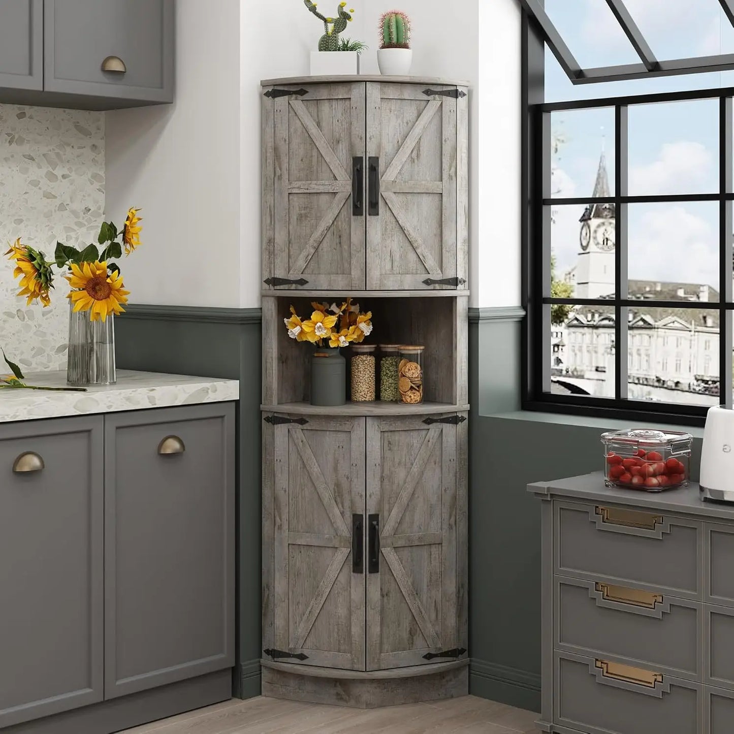 Corner Storage Cabinet With 4 Doors And 5 Shelves BarnStyle