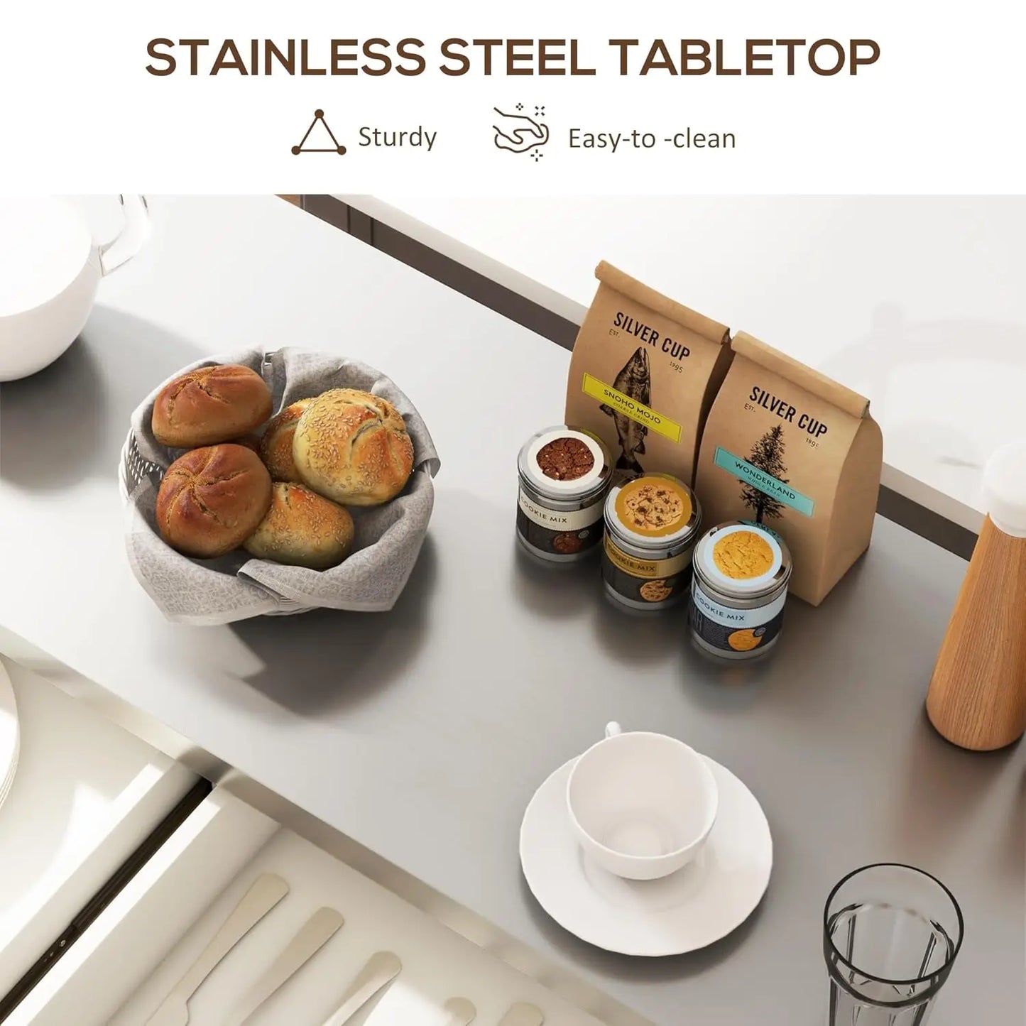 Rolling Kitchen Cart With Stainless Steel Top And Shelves