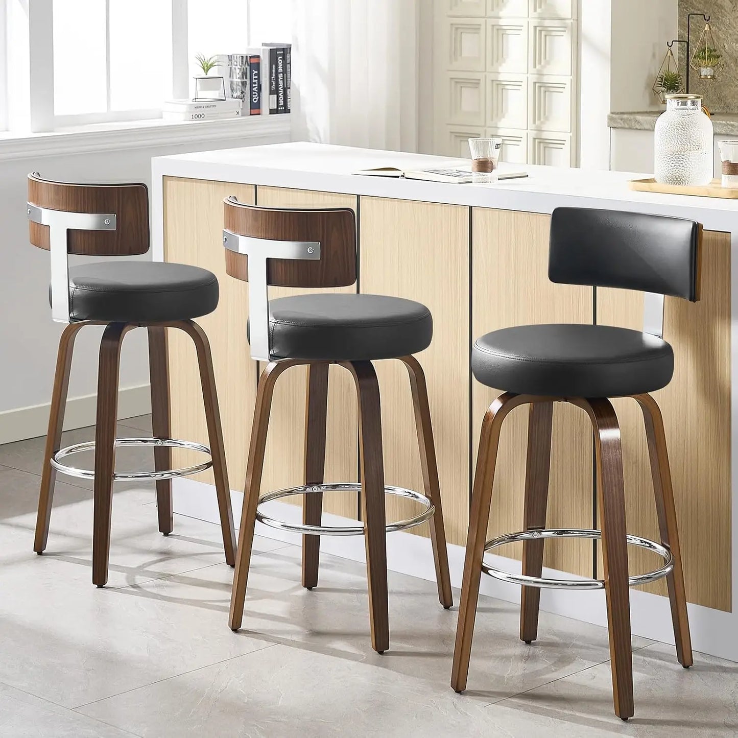 Swivel Counter Stool Set of 3 Faux Leather With Back Walnut Wood Legs