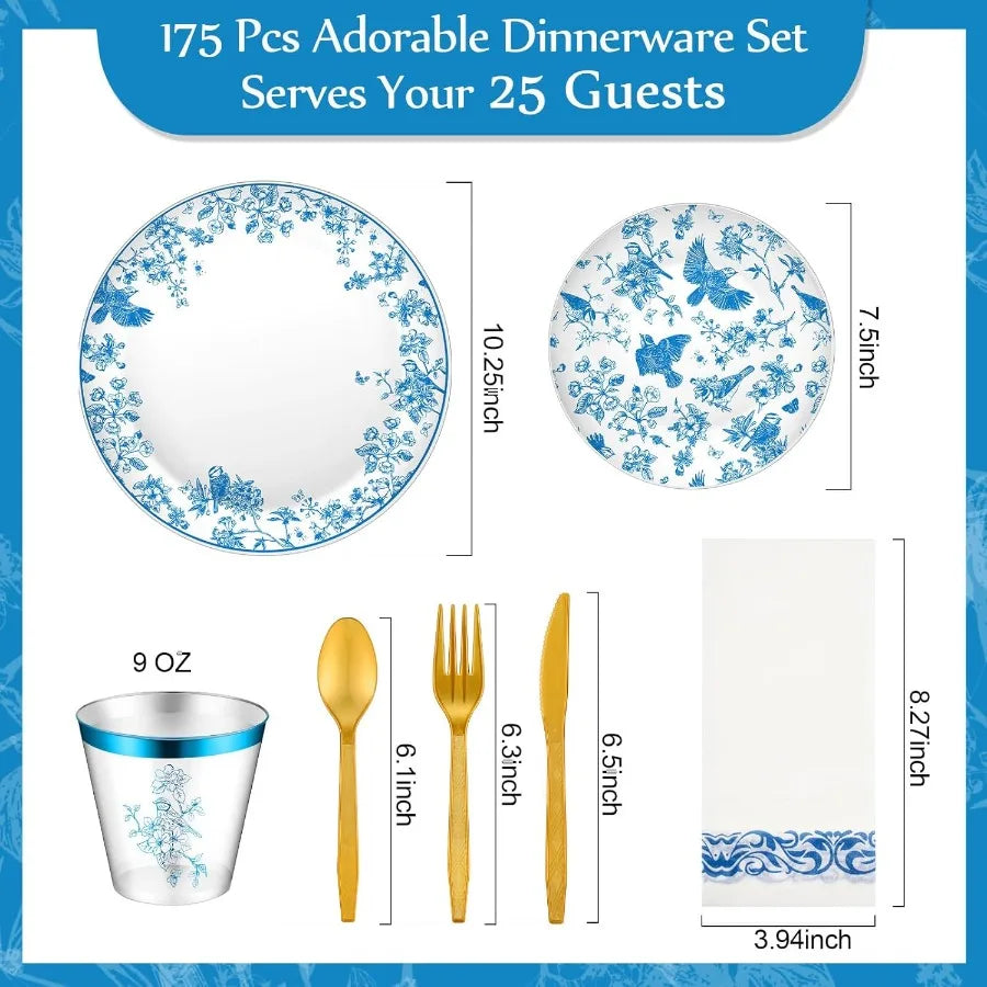 Floral Plastic Disposable Plates Set For 25 Guests Dessert Tray