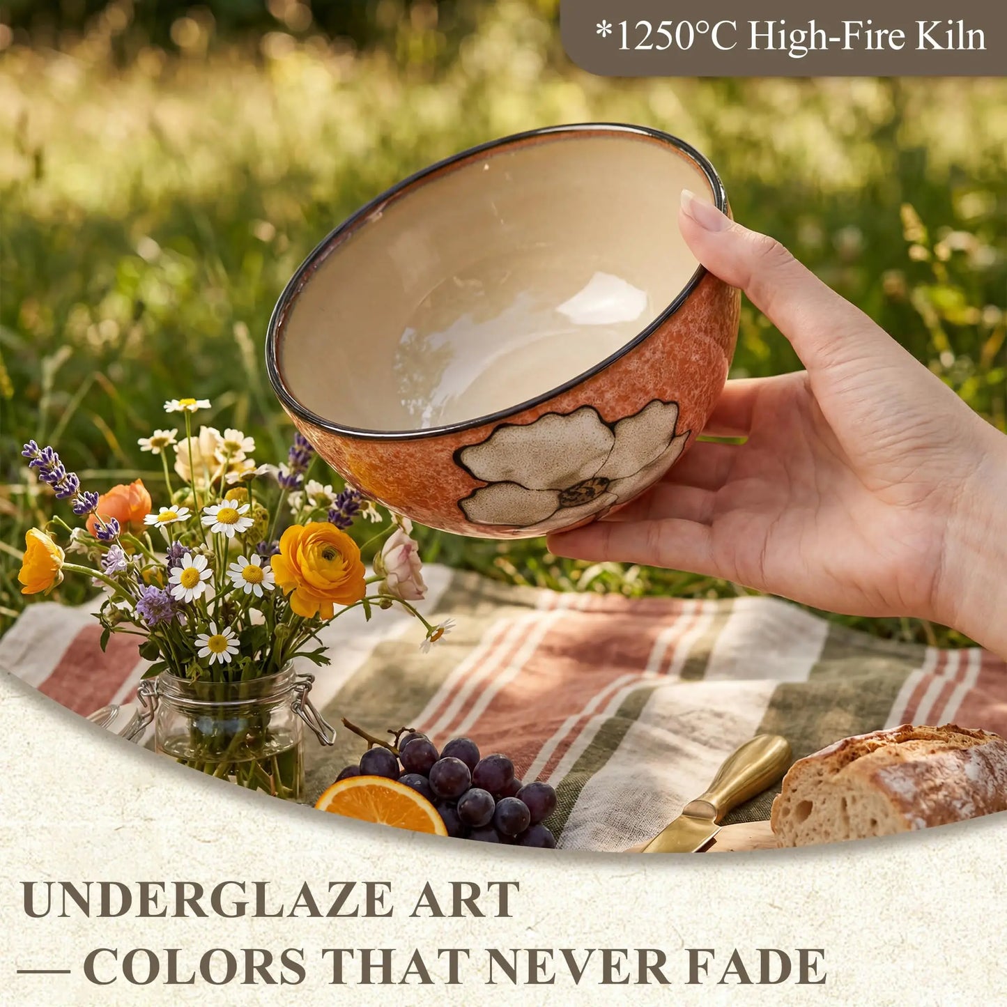 Hand Painted Underglaze Ceramic Cereal Bowls With Floral Pattern