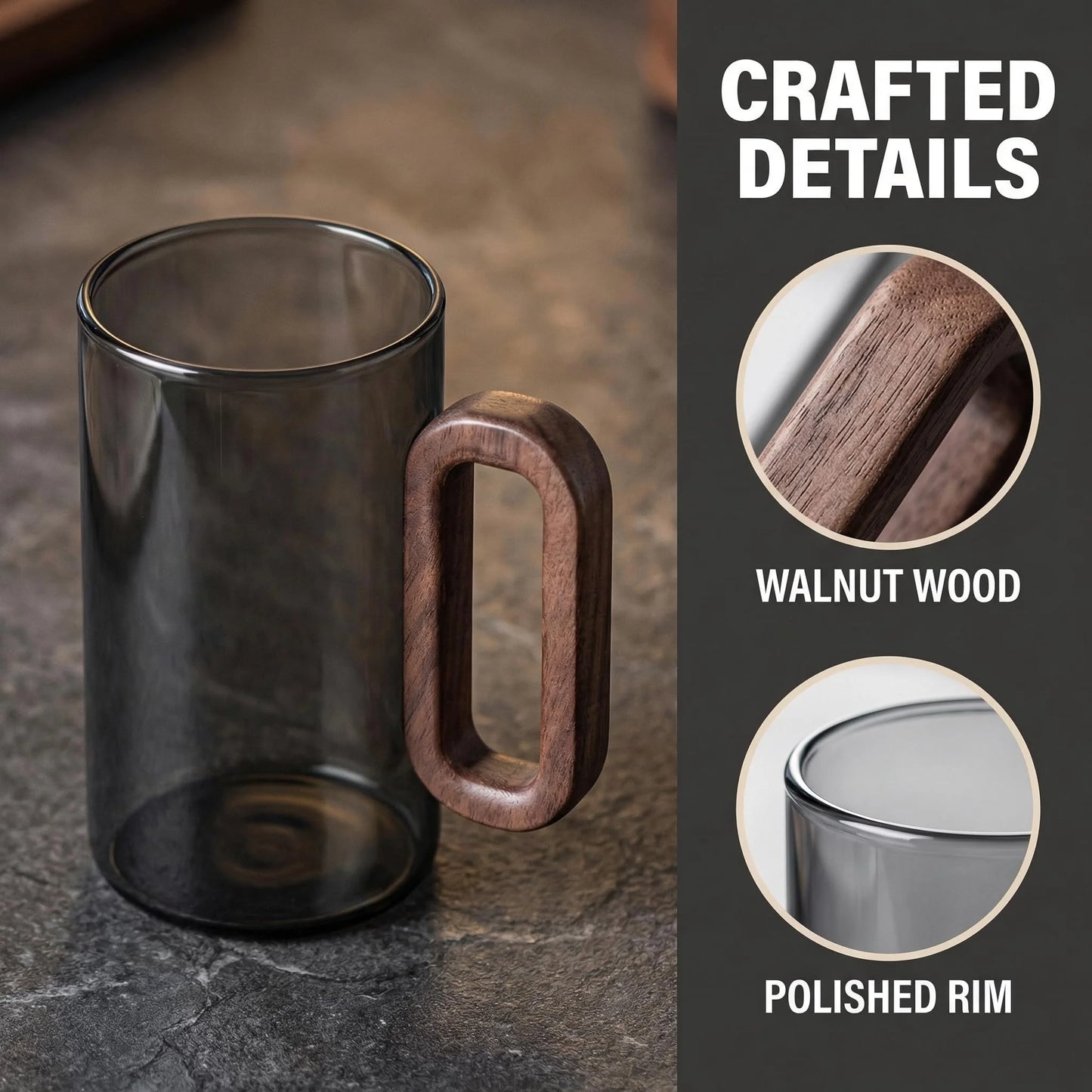Borosilicate Glass Coffee Mug With Walnut Handle Dishwasher Safe