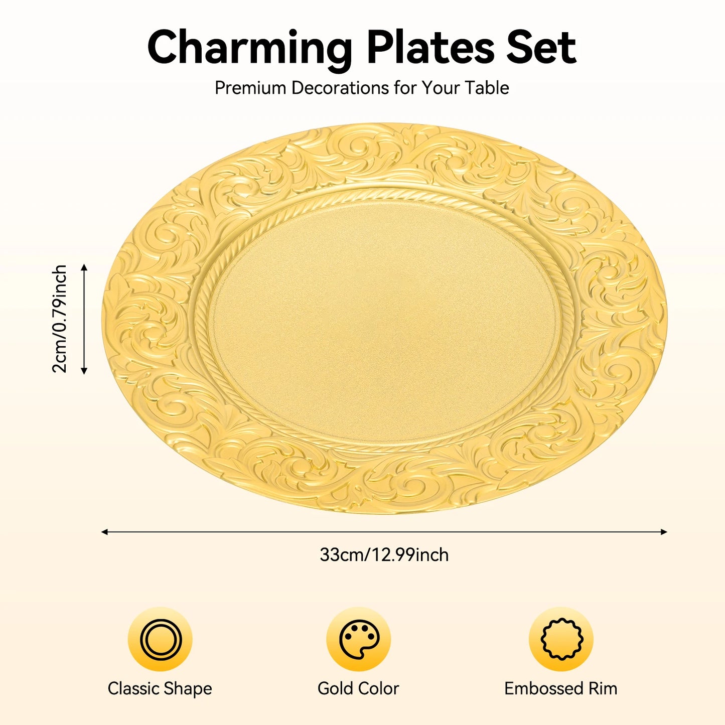 Gold Charger Plates Set 100 Pack Embossed Round Disposable Trays