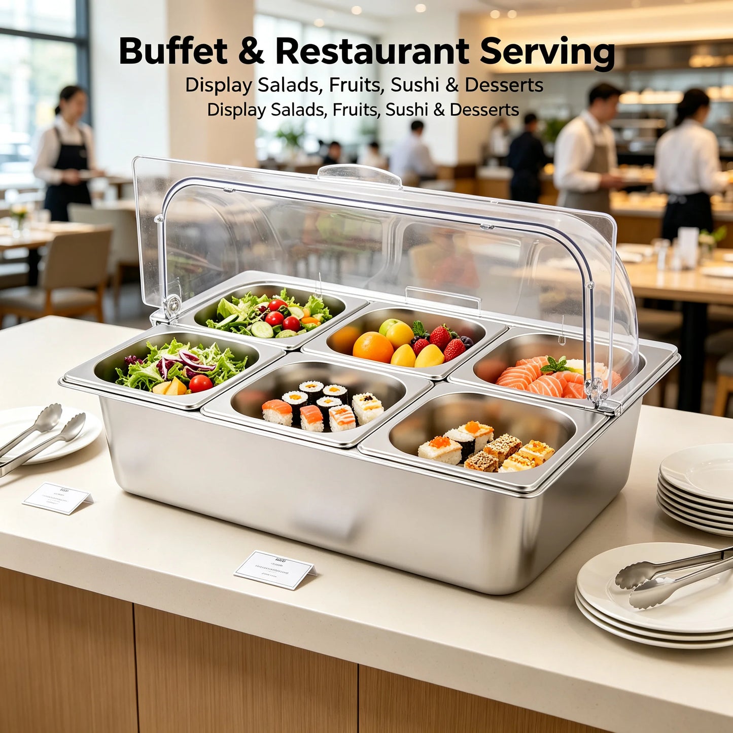 Ice Food Serving Display Tray With 6 Pans Stainless Steel