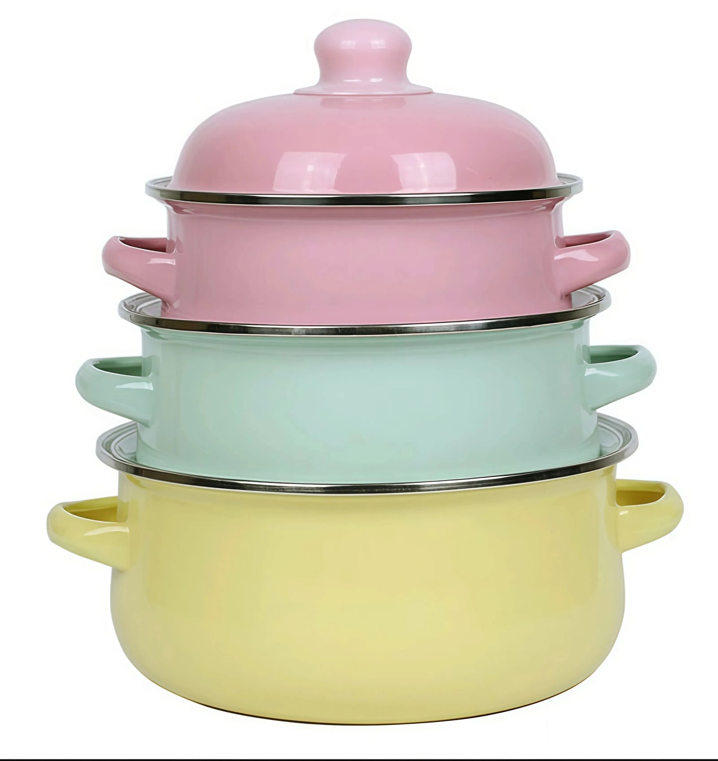 Vintage Enamel Stock Pot Set With Lids 3 Piece Cookware