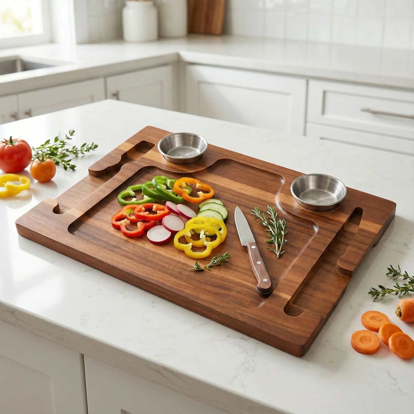 Shunmaii Acacia Wood Steak Serving Plate With Sauce Cups
