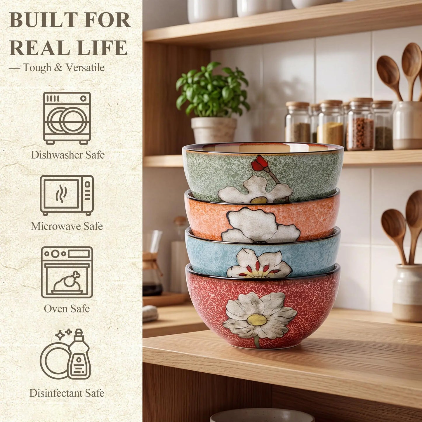 Hand Painted Underglaze Ceramic Cereal Bowls With Floral Pattern