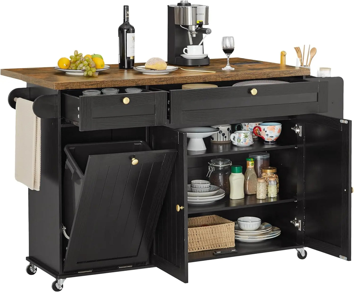 ONBRILL Mobile Kitchen Island With Power Outlet Spice Rack Storage
