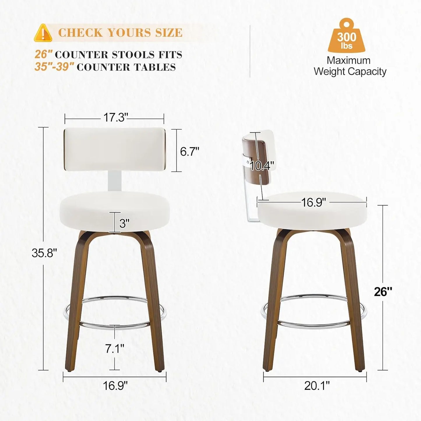 Swivel Counter Stool Set of 3 Faux Leather With Back Walnut Wood Legs