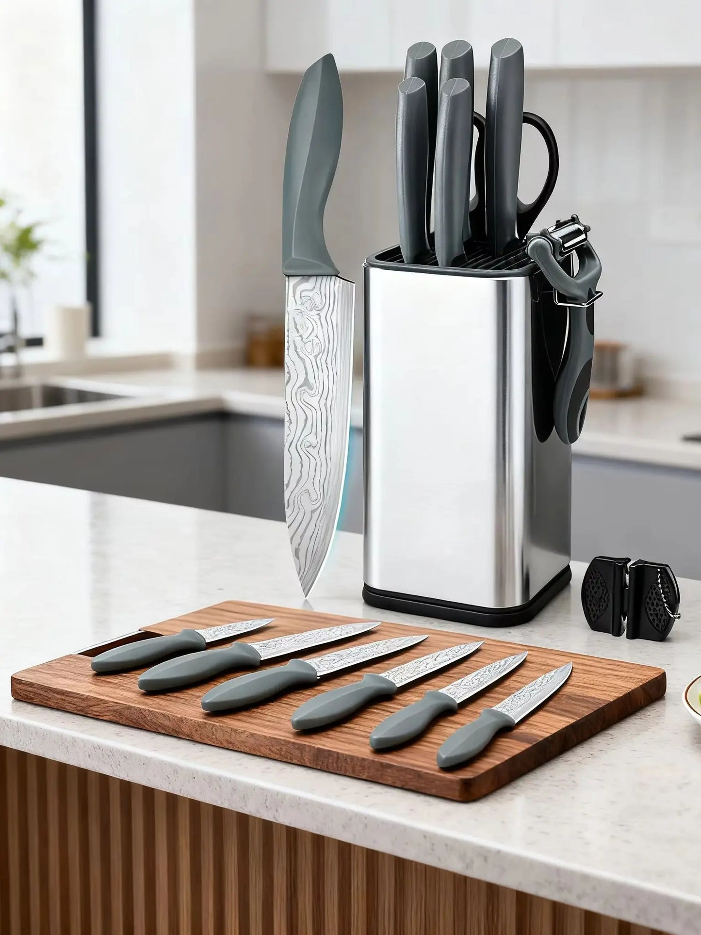 Damascus Pattern Stainless Steel Kitchen Knife Set With Universal Block