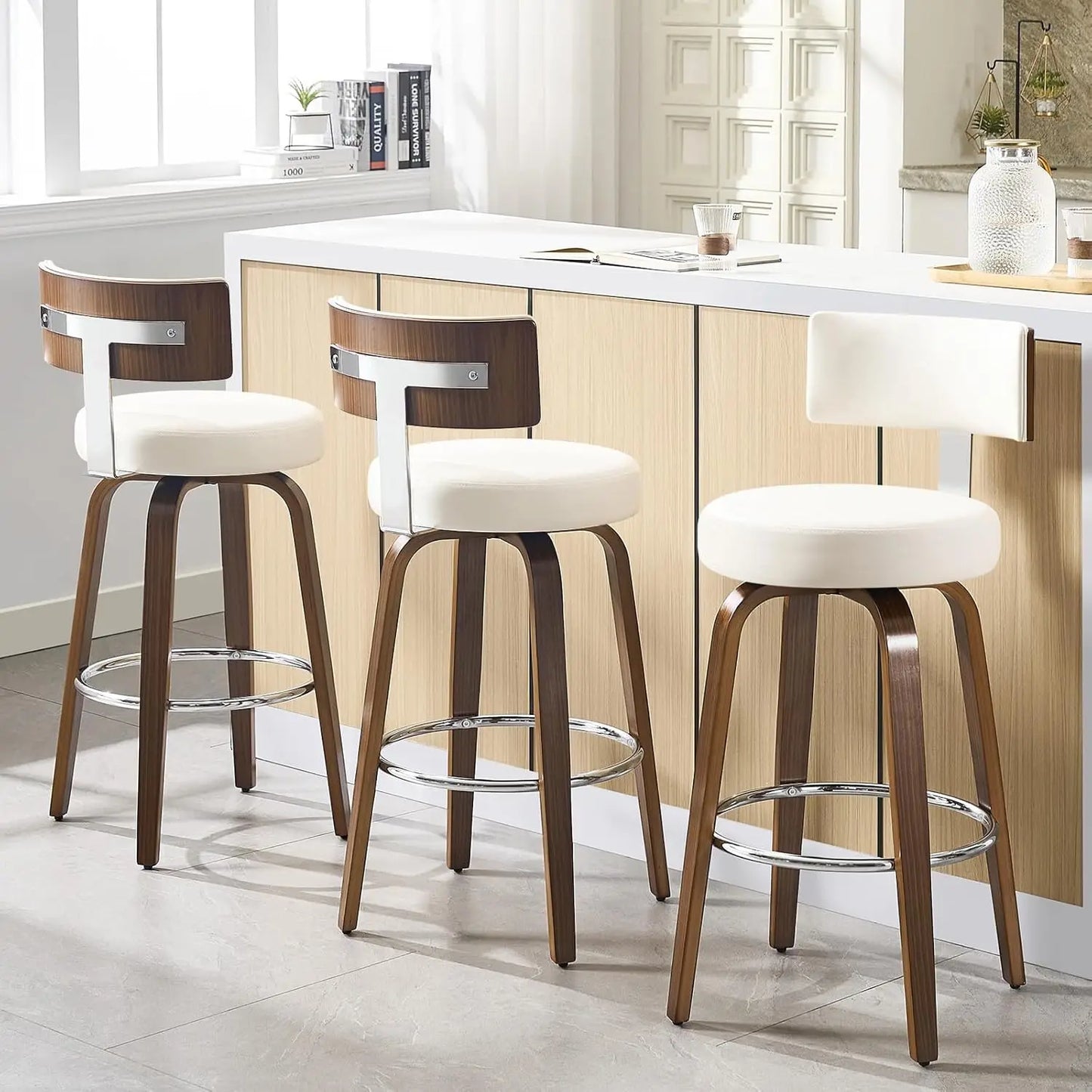 Swivel Counter Stool Set of 3 Faux Leather With Back Walnut Wood Legs