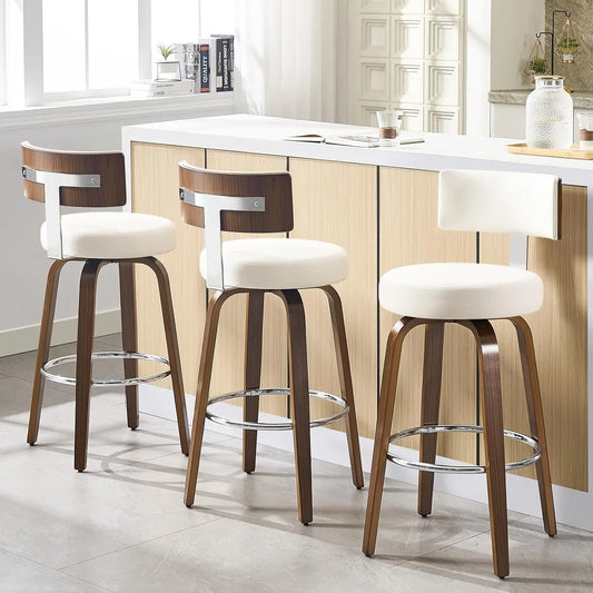 Swivel Counter Stool Set of 3 Faux Leather With Back Walnut Wood Legs