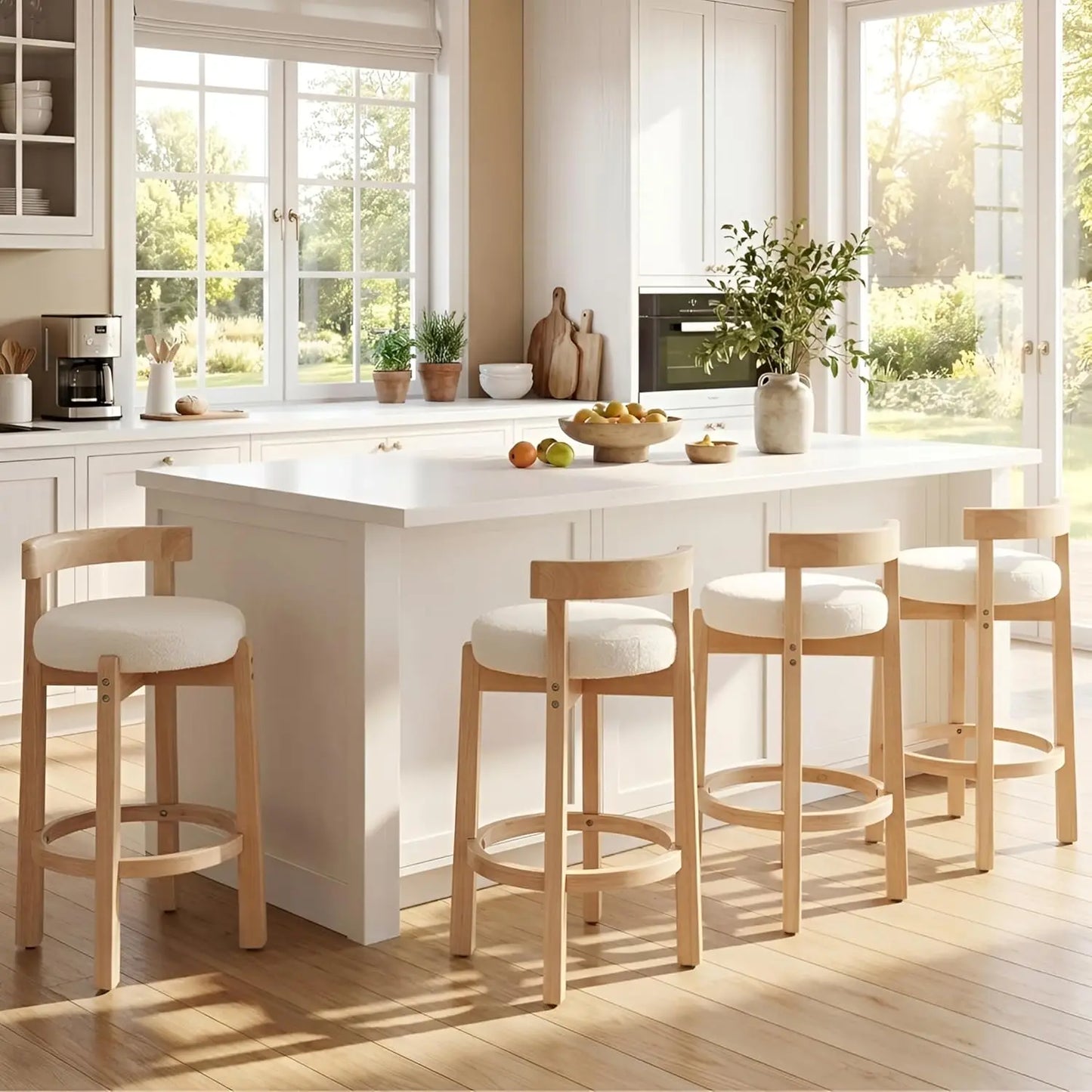 Bar Stools Set of 4 Linen Upholstered Wood Leg Stools