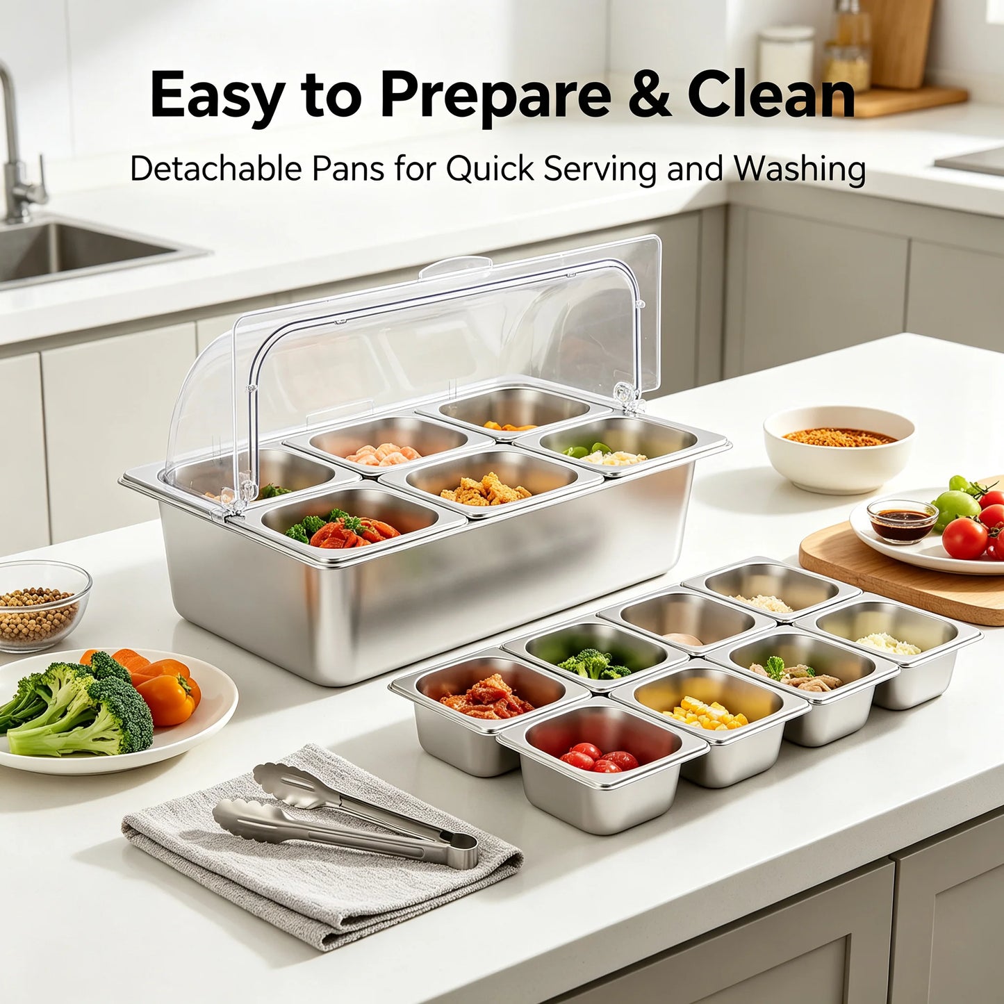 Ice Food Serving Display Tray With 6 Pans Stainless Steel