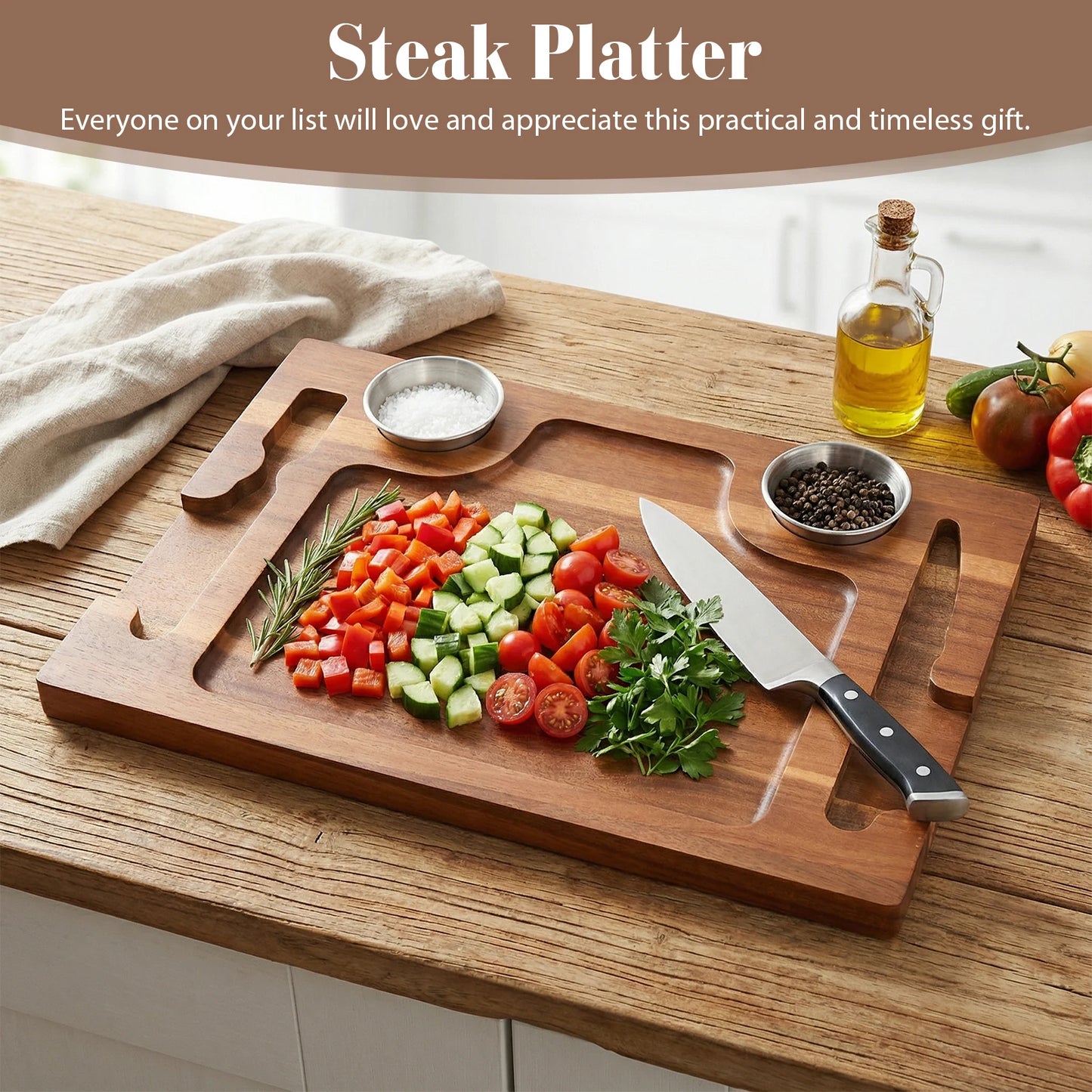 Shunmaii Acacia Wood Steak Serving Plate With Sauce Cups