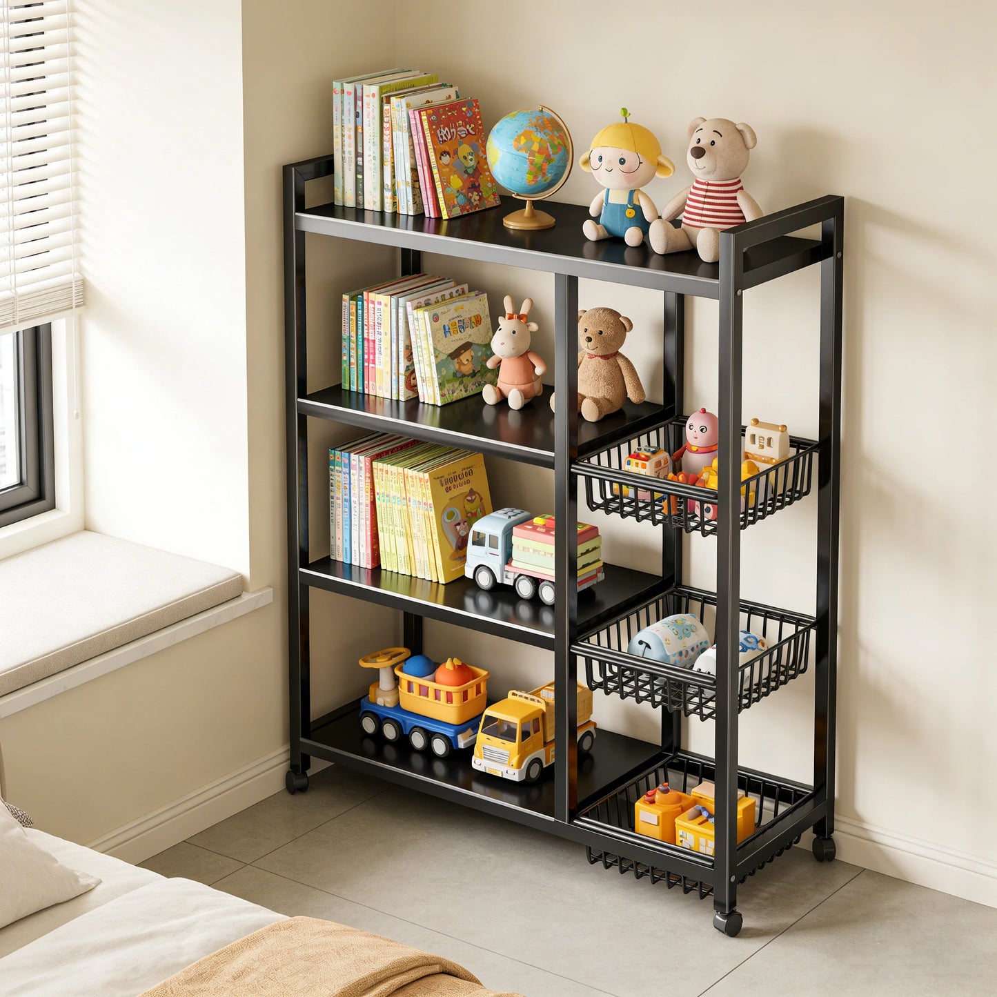Portable Storage Rack Adjustable 4-Layer Shelf With Baskets