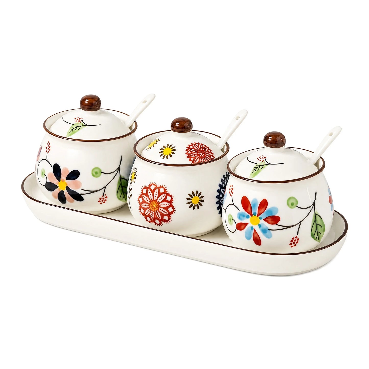 Ceramic Spice Jar Set With Tray Hand Painted Japanese Design